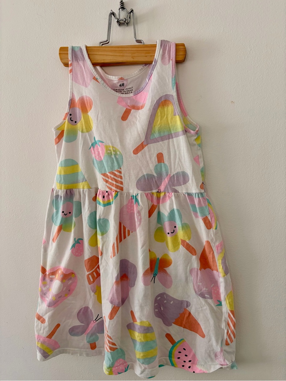 H&M Girls' White Pastel Multicolor Ice Cream & Fruit Print Tank Dress